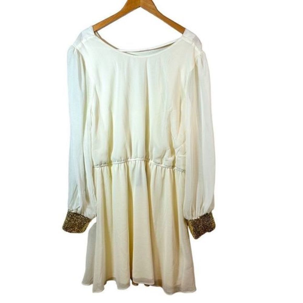 Asos‎ Scoop Back White Dress with Gold Sequin Sleeve Cuff Size 16